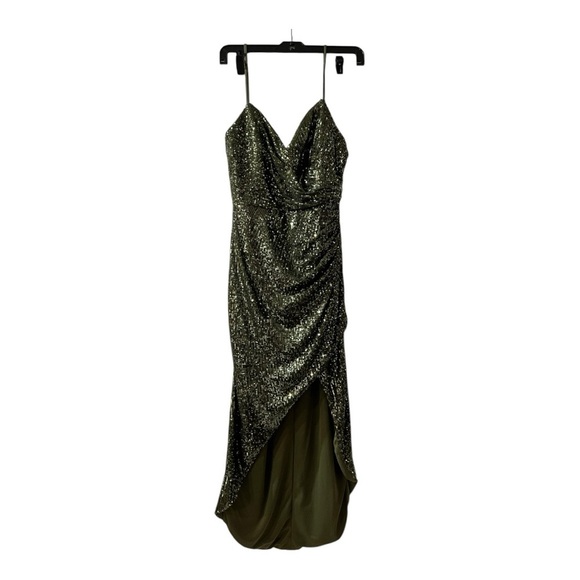 IEENA for Mac Duggal Green Sequined Faux Wrap asymmetrical Hem - Picture 4 of 14